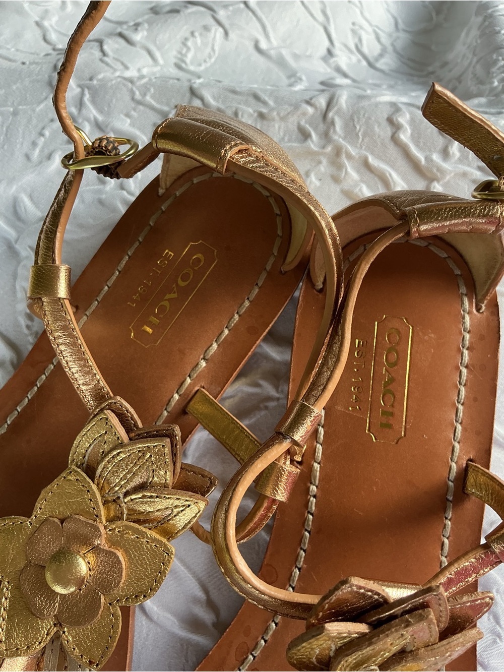 Coach Metallic Gold Floral Leather Sandals